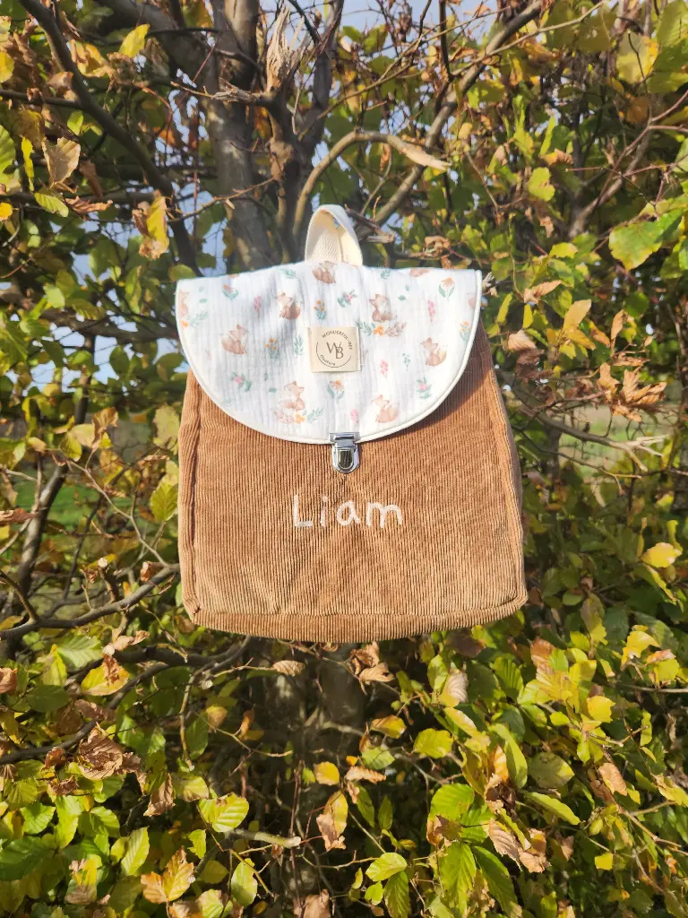 Sac de crèche ou d'école (éponge sable, Double gaze rose petites fleurs, Pas de broderie)